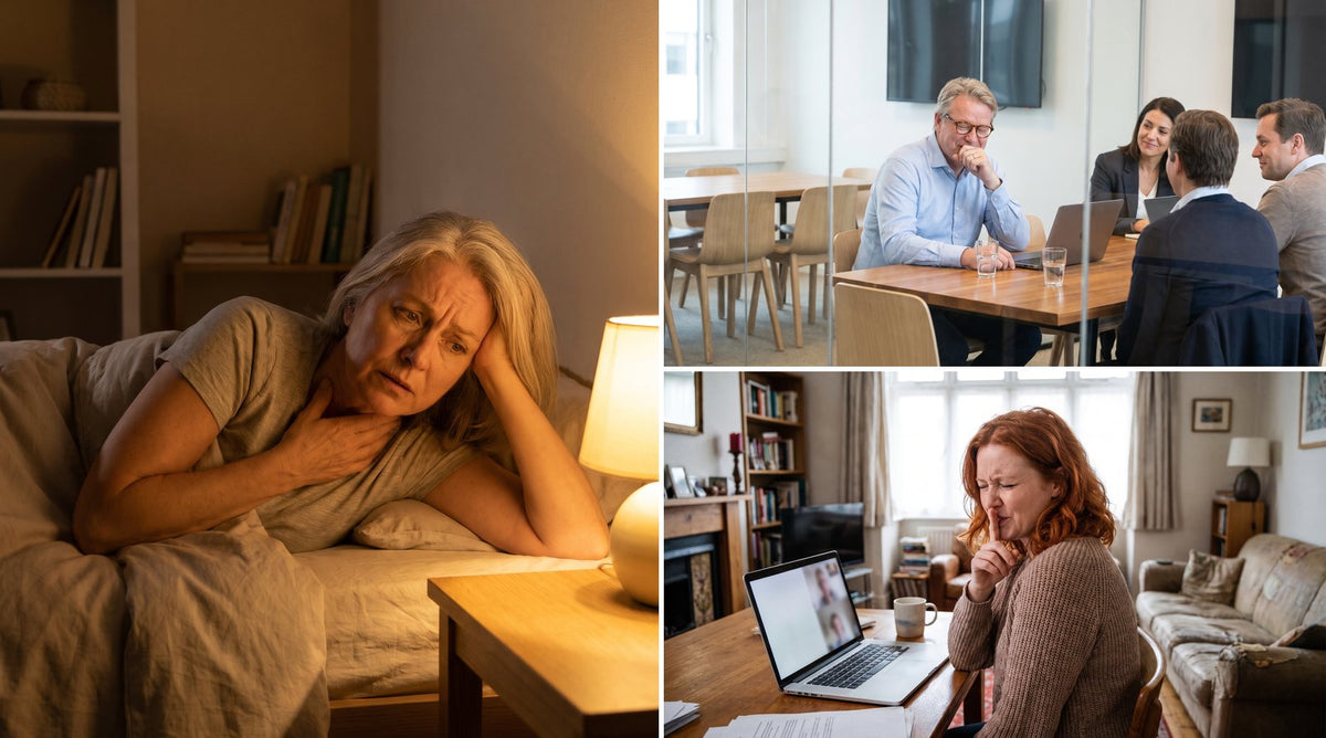 Drei Menschen: eine Frau um 58 nachts wach im Bett, die Hand am Hals; ein Mann um 50 räuspert sich im Meeting; eine Frau um 35 im Videocall, die Hand vor dem Mund