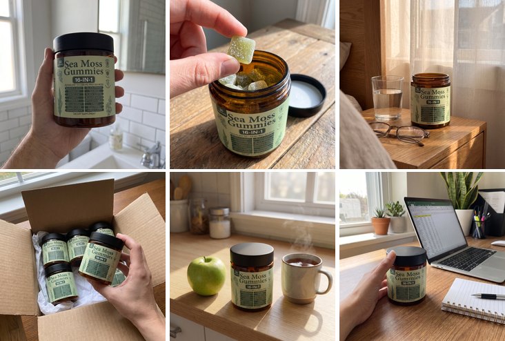 Sechs Fotos der Dose im Alltag: in der Hand im Bad, ein Fruchtgummi über der offenen Dose, auf dem Nachttisch, ein Paket mit mehreren Dosen, in der Küche, im Büro