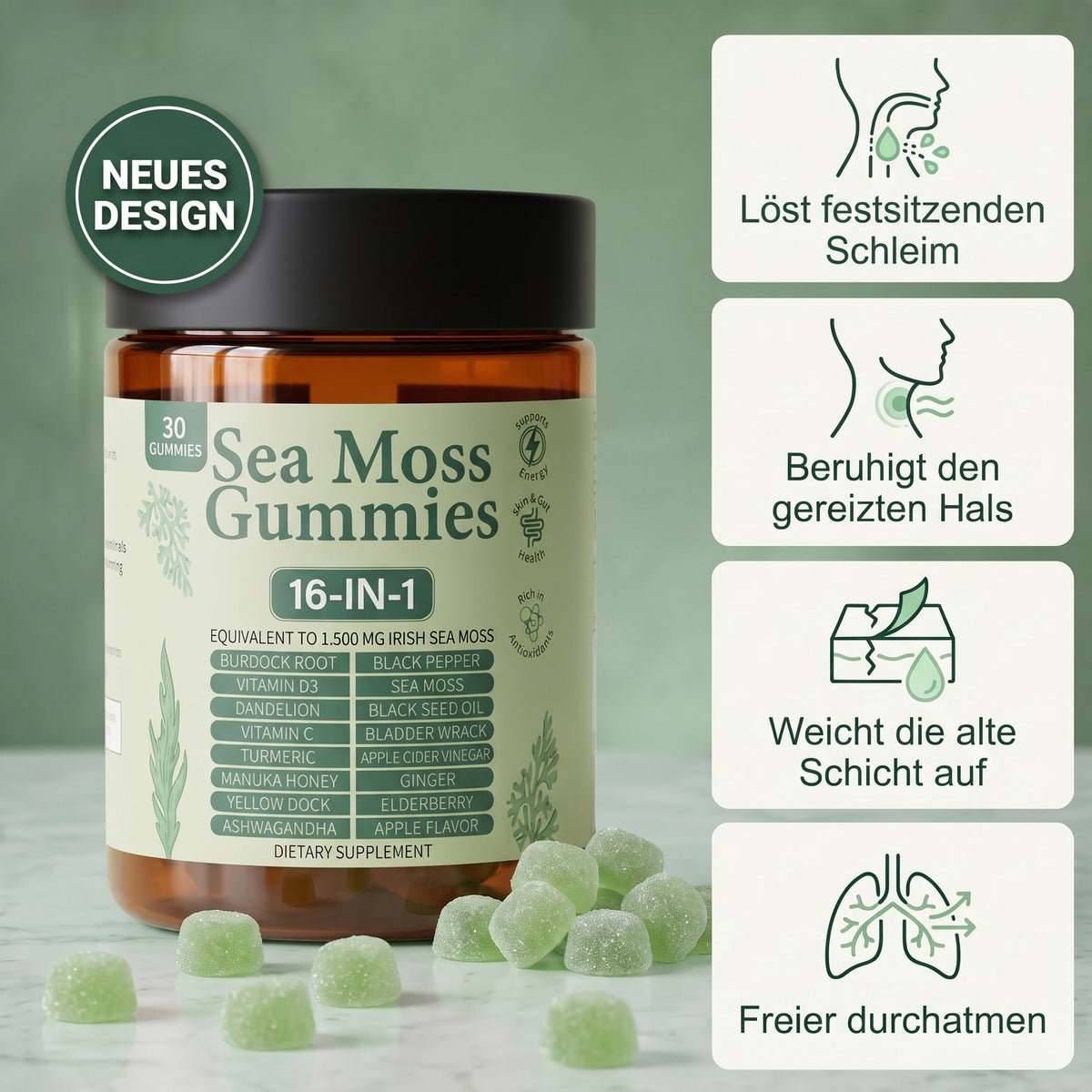 Dose im neuen Design mit grünen Fruchtgummis und vier Vorteilen